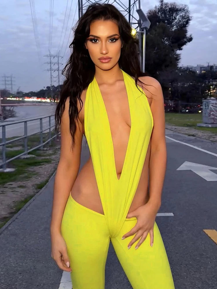 Irregular Hollow Sexy Jumpsuits Women Bandage Halter Deep V-Neck Backless Skinny Stretch Hot Girls Hipster Streetwear