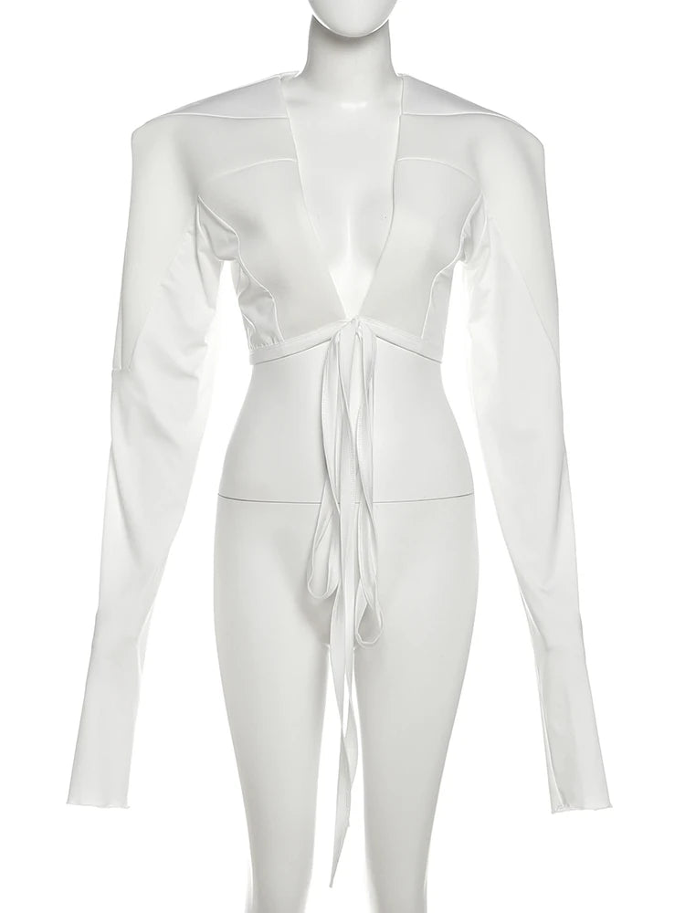 Hipster Patchwork Crop Jacket Women Autumn Cross Bandage Open Stitch Extra Long Sleeve Streetwear Fashion Wild Coat