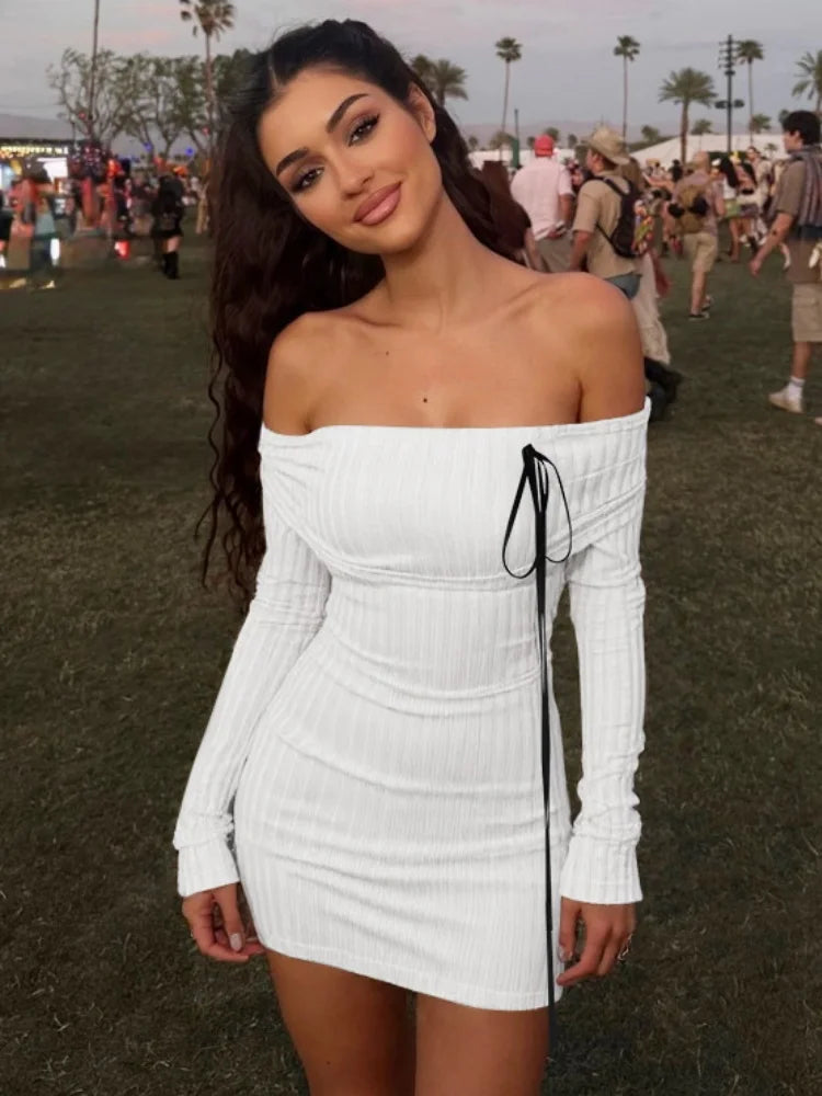 Knitted White Bodycon Dress Off The Shoulder Long Sleeve Short Dresses Sexy Outfits Women Clothes Fall 2025