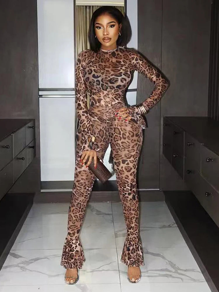 Leopard Print Flared Jumpsuit Women Sexy See Through o-Neck Full Sleeve Skinny Peach Hip Street Wild Style Overalls