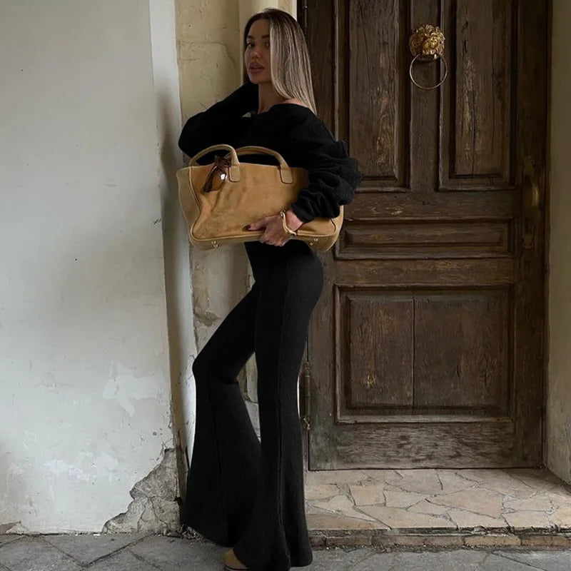 Women 2 Piece Set Outfit Cozy Knit One Shoulder Long Sleeve Top High Waist Flare Pants Set Winter Woman