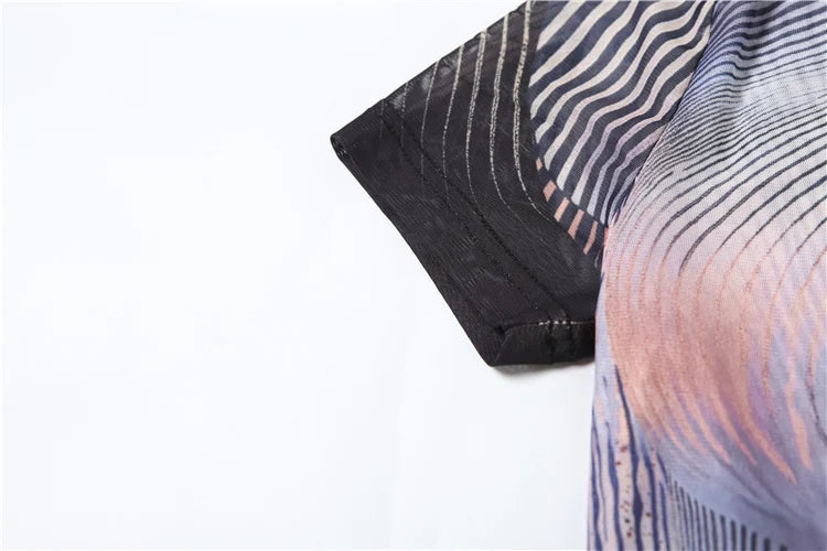 Striped Patchwork 2 Piece Set Women o-Neck Short Sleeve Skinny Playsuits+Mesh Long Pants Club Wild Style Trend Suits