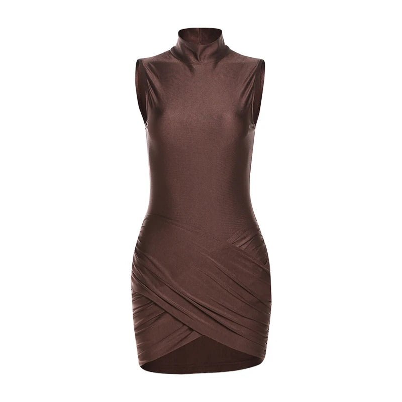 Cross Ruffles Mini Dress Woman Summer Sexy Solid Half High Collar Sleeveless Trend Chic Party Clubwear Skinny Bodycon