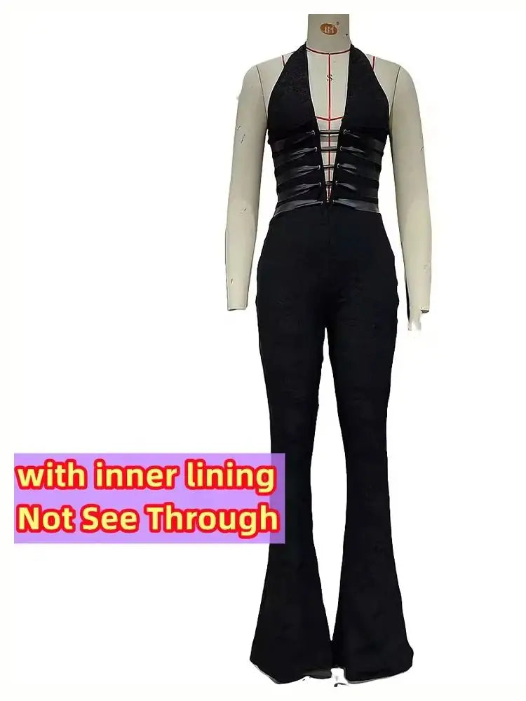Hollow Bandage Jumpsuits Women Halter Sexy Jacquard Backless Sleeveless Skinny Street Workout Club Hipster Overalls