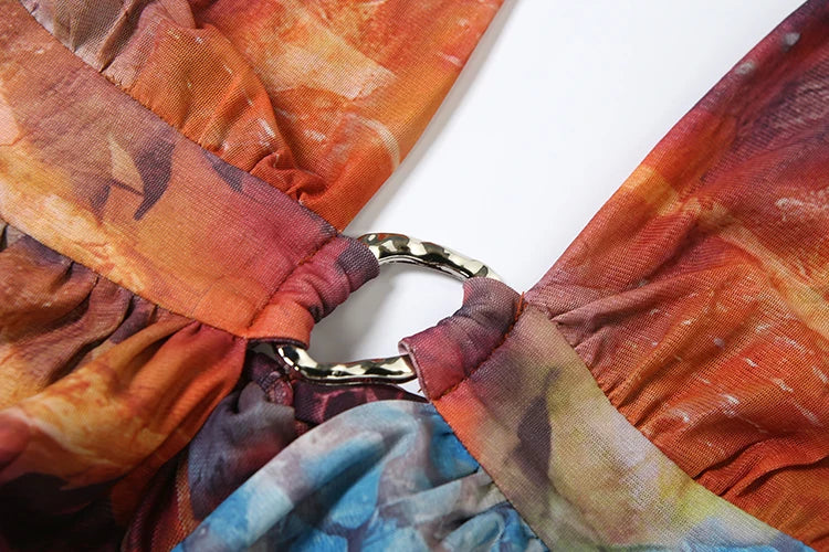 Backless Tassel Dress Women Sexy Cross Metal Rings Halter Lace-Up Pleated Waistless Midnight Club Party Mini Bodycon