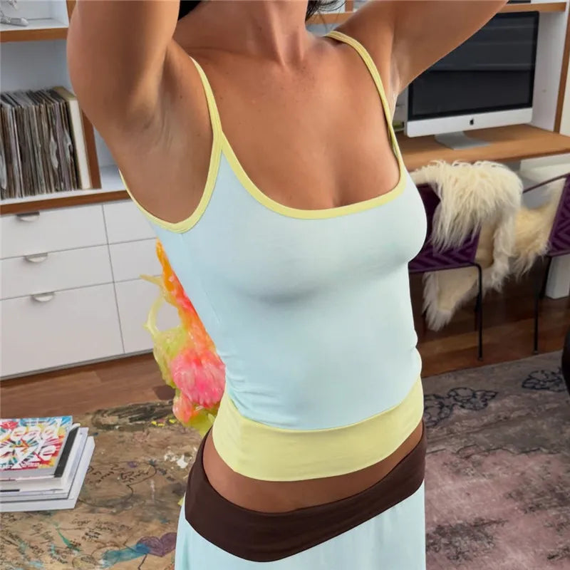Contrast Trim Color Block Cami Top Women Spaghetti Strap Square Neck Slim Fit Retro Y2K Sleeveless Layered Tank Top
