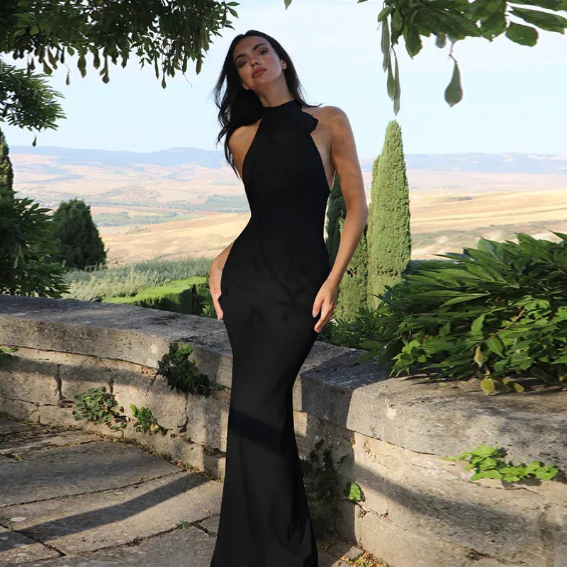 3d Floral-applique Backless Maxi Dresses for Women Black Halter Dress Elegant Sexy Summer Vacation Outfits