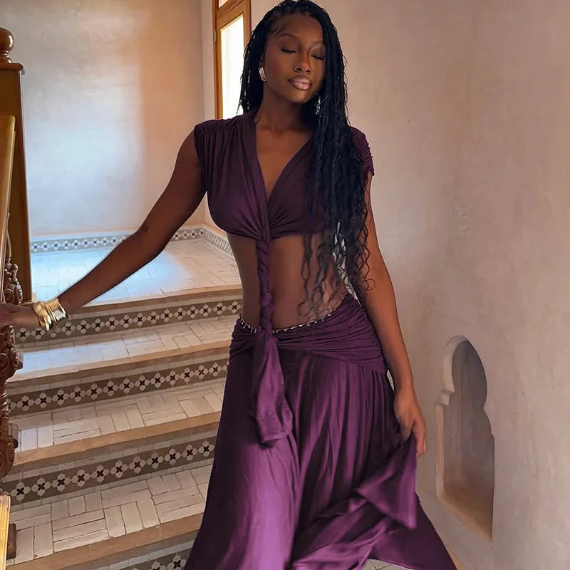 Cut Out Backless Long Dresses with Asymmetrical Handkerchief Hem Sexy Purple Summer Dresses for Woman