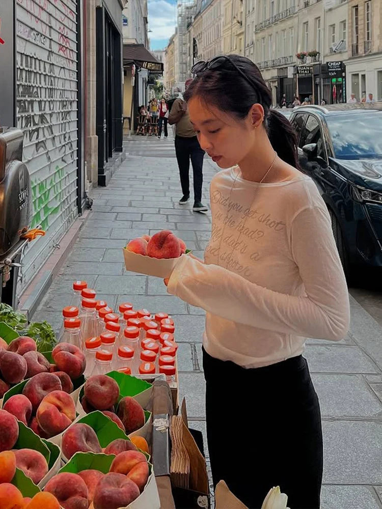 Simple T-Shirts Women Basic See Through Letter Print Long Sleeve Neck Skinny Autumn Trend Street Classic Casual Tees