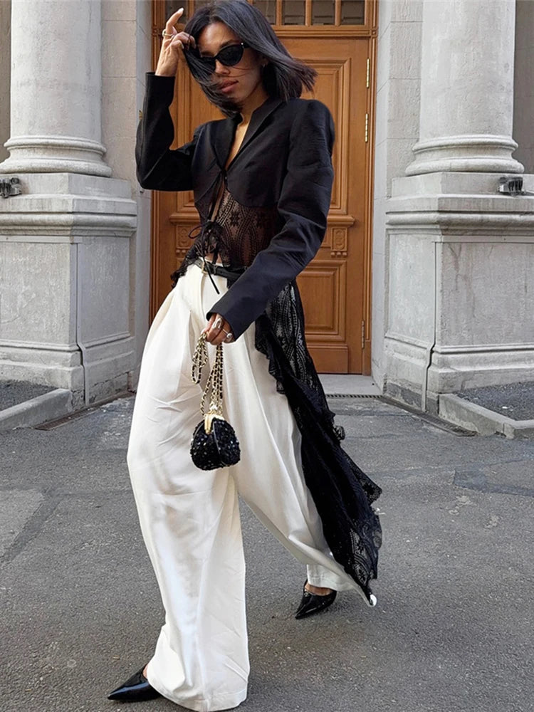 Patchwork Lace Long Coat Women Bandage v-Neck Full Sleeve Ruffles Sexy Hipster High Street Autumn Classic Elegant Tops