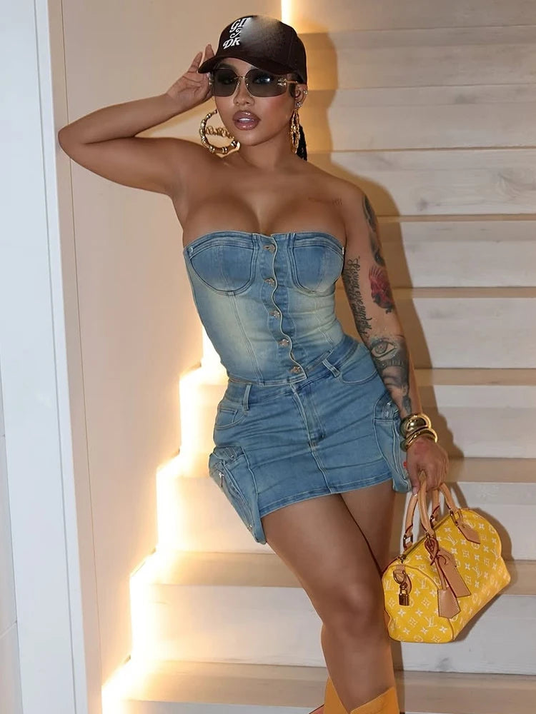 Denim Y2K Women 2 Piece Set Hipster Frock Pocket Strapless Tops+Peach Hip Skirts Matching Clubwear Vintage Outfits