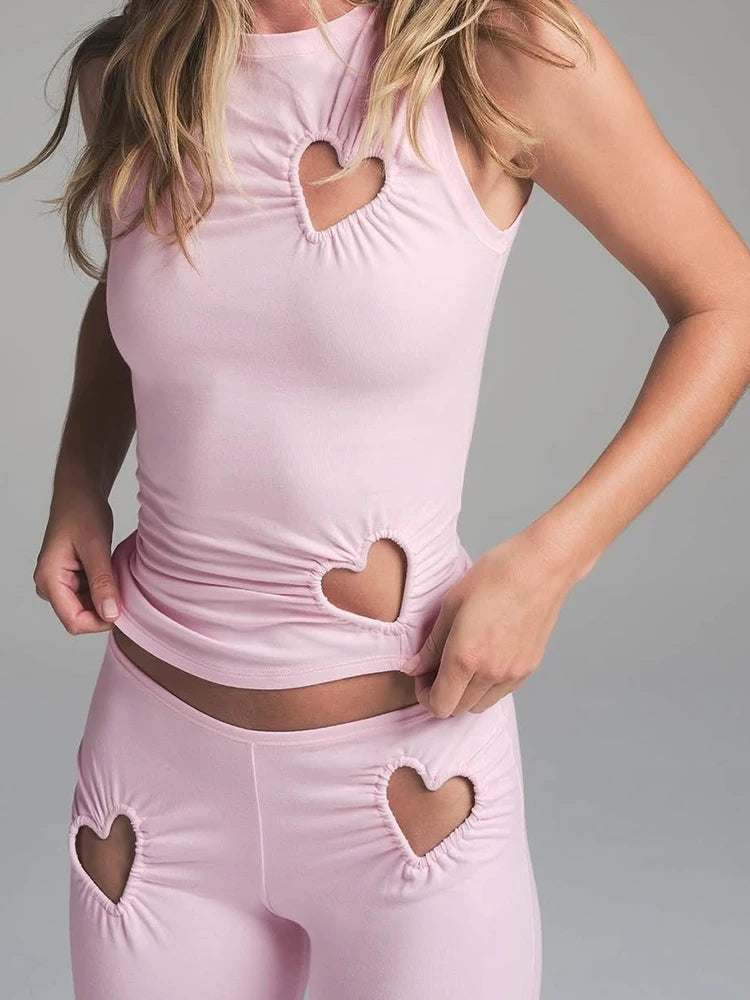 Heart Hollow 2 Piece Set Women o-Neck Sleeveless Tops+Skinny Stretch Pants Vacation Casual Simple Elegant Solid Suits