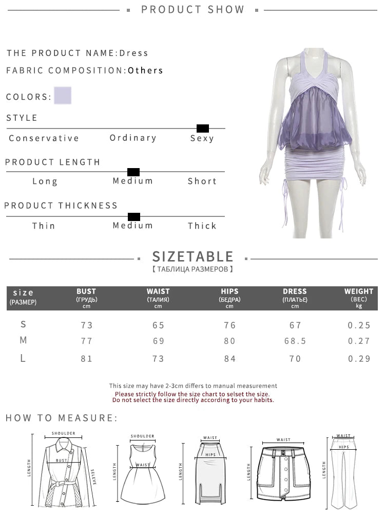 Ruched Elegant Mini Dress Woman Lace-Up Halter Low-Neck Mesh Patchwork Shirring Skinny Peach Hip Sexy Fashion Bodycon