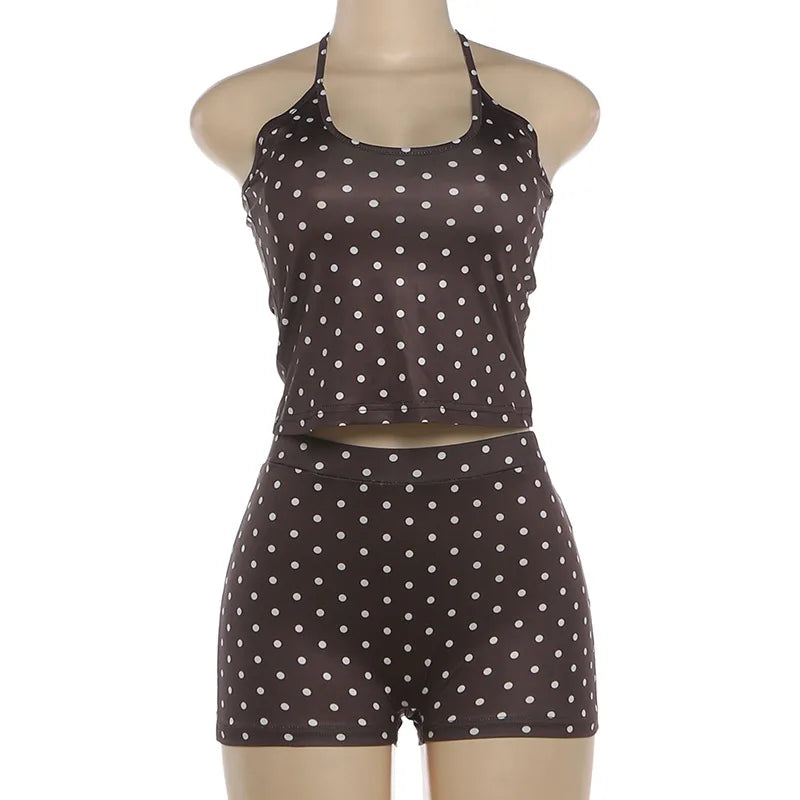 Brown Polka Dot Print 2 Piece Summer Set Halter Top and Shorts Matching Sets Woman Clothing