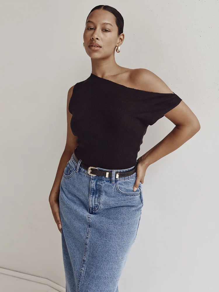 Elegant Knit Asymmetrical Tops Spring Summer Fashion Clothes Woman One Shoulder Sleeveless T Shirts