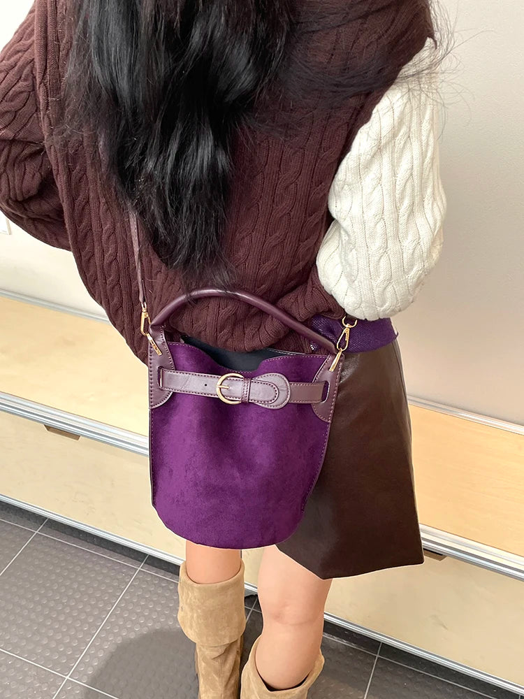 2025 Autumn New Arrivals Casual Edgy Style Suede Matte Finish Buckle Crossbody Bucket Bag For Woman