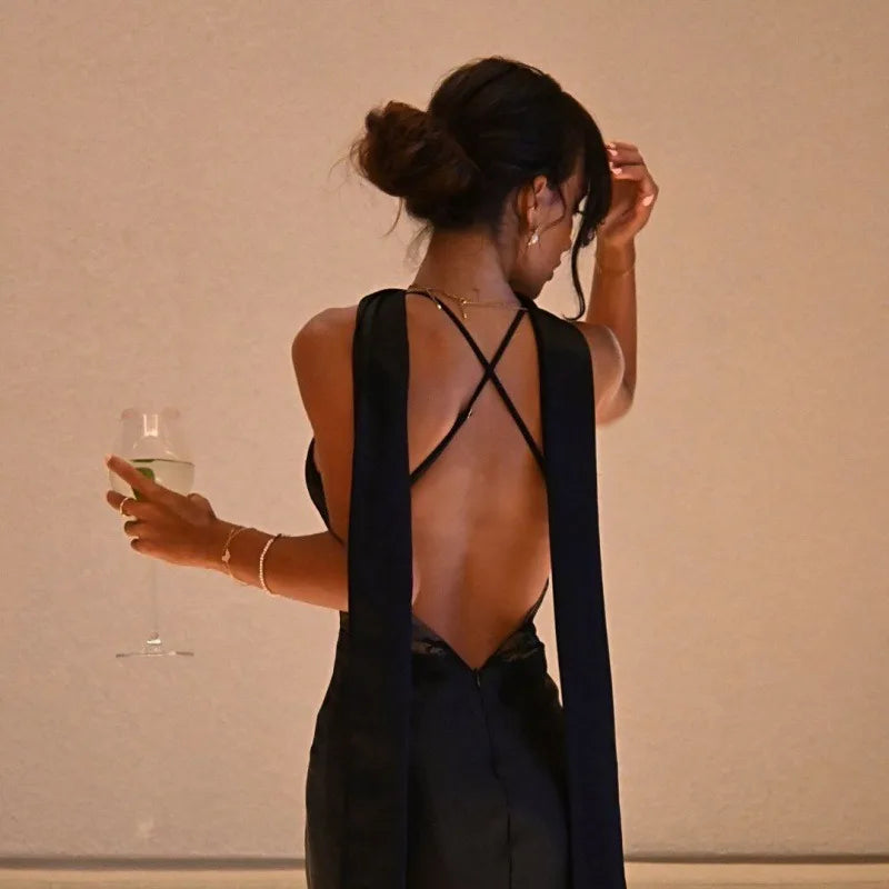 Sexy Deep V Neck Backless Long Dresses Lace Patchwork Satin Black Evening Dress Ladies Party Outfits Elegant