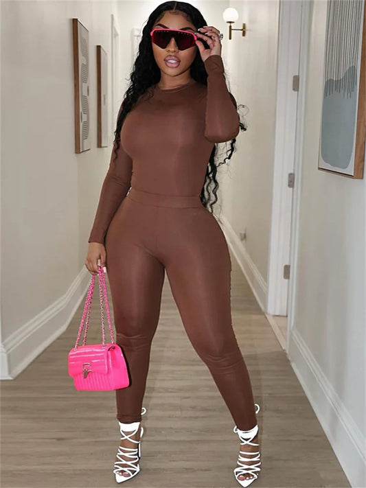 Tracksuit 2 Piece Set Women Stretch Fall o-Neck Long Sleeve Tops+Tight Leggings Simple Classic Sporty Matching Suits