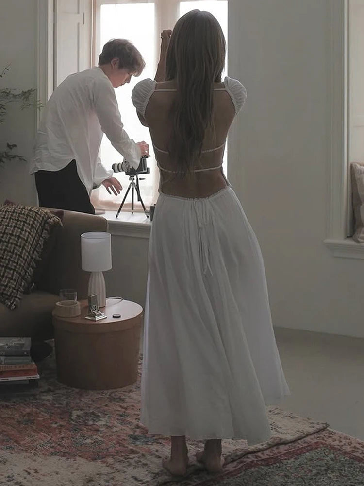 Sexy Backless Dress Women Y2K Chic Low Neck Bandage Stretch Ruched Simple Basic Vacation Party Street Long Bodycon