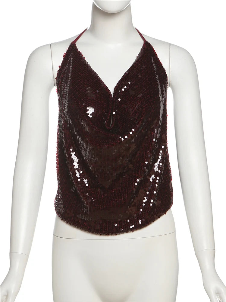 Y2K Sequins Sexy Camisole Women Backless Swing Collar Glitter Beach Vacation Wild Midnight Club Summer Trend Vest