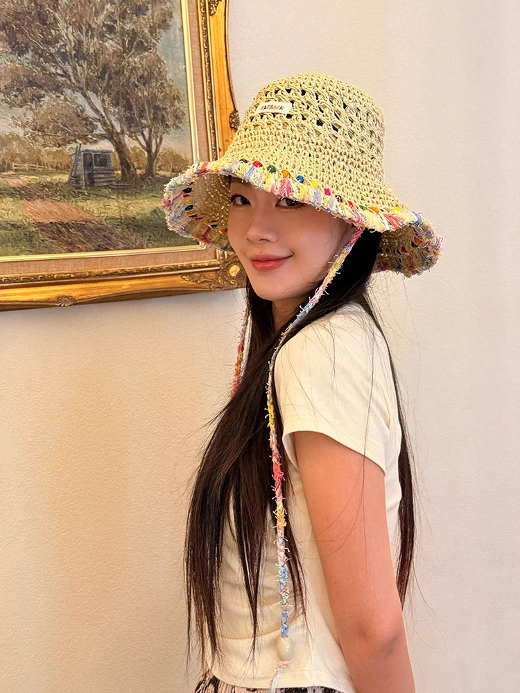 Women's Crochet Straw Bucket Hat, Beaded Tassel Sun Hat with Adjustable Chin Strap for Beach
