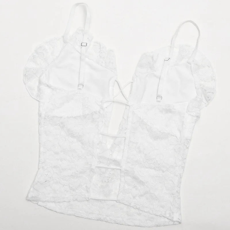 See-through Lace Sexy 2 Pieces Set for Woman Club Outfit Backless Cami Top and Pants Matching Sets