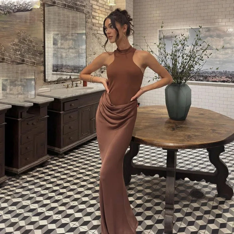Satin Patchwork Hollow Long Dresses Elegant Woman Clothes Sleeveless Fishtail Maxi Dress