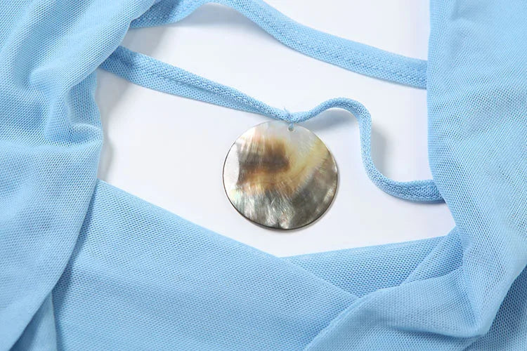 See Through Women 2 Piece Set Y2K Halter Swing Collar Seashell Tank Tops+Ruched Waist Maxi Skirts Midnight Clubwear