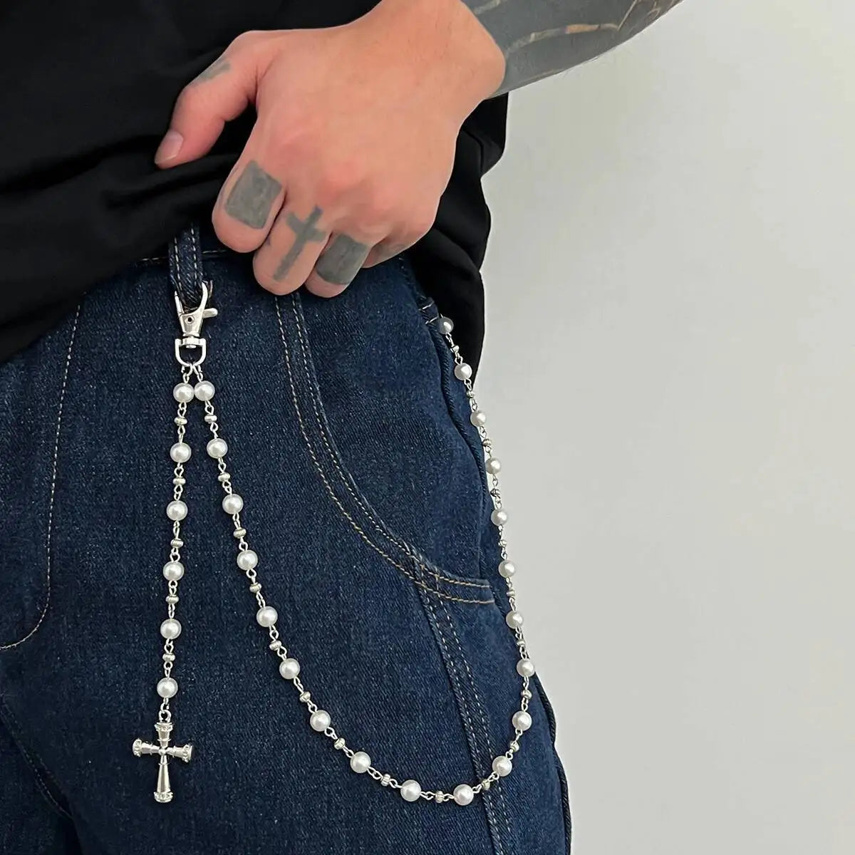 Creative Cross Pendant Imitation Pearl Keychain Wallet Belt Chain for Men Women Trousers Hipster Jeans Chain Jewelry