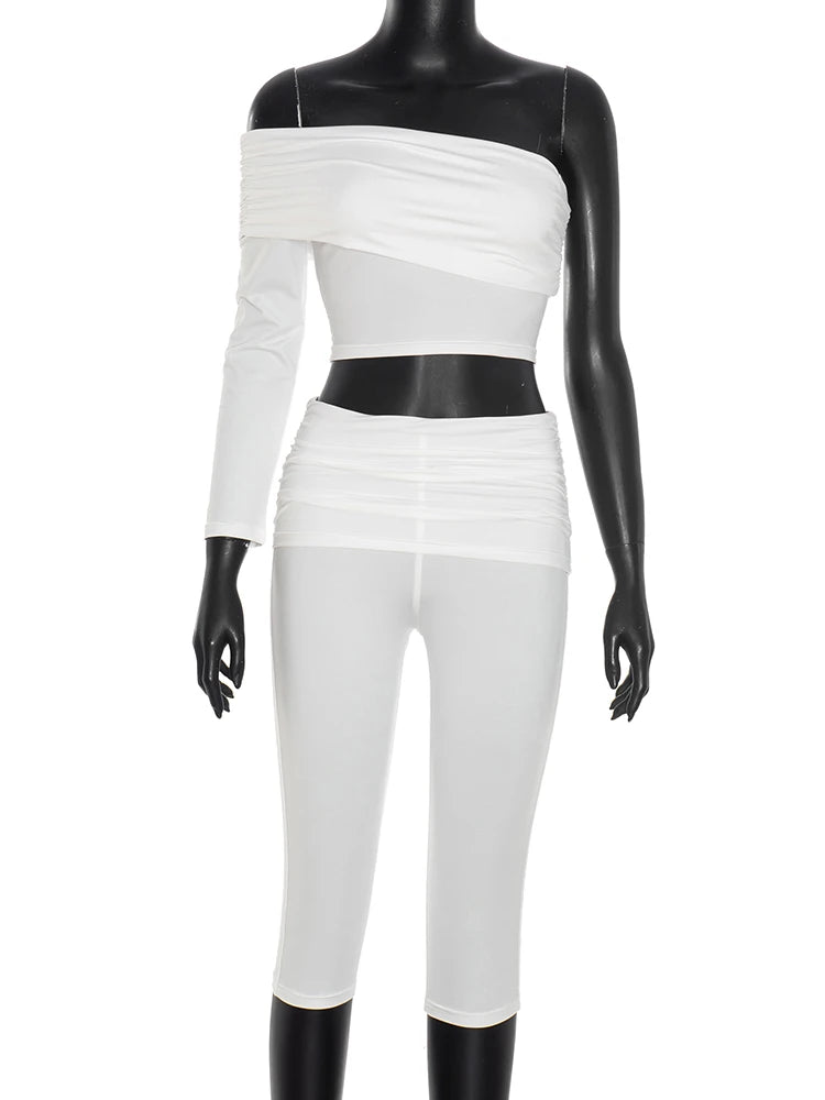 Sexy Tracksuits 2-Piece Set Women Skew Collar Chest Wrapped Crop Top+Skinny Shorts Basic Stretch Matching Outfits