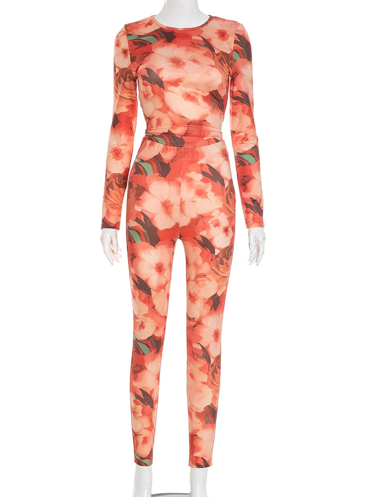 Flowers Print 2 Piece Set Women Tracksuit Full Sleeve o-Neck Crop Tops+Leggings Matching Skinny Streetwear Outfits