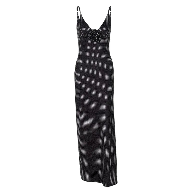 Polka Dot Print Black Elegant Dress 3d Flower-applique Deep V Neck Backless Long Split Dresses for Summer