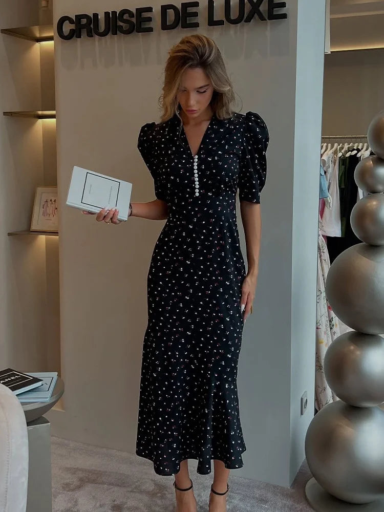 French Style Retro Floral Dress Button V Neck Short Sleeve Long Dresses for Woman Elegant