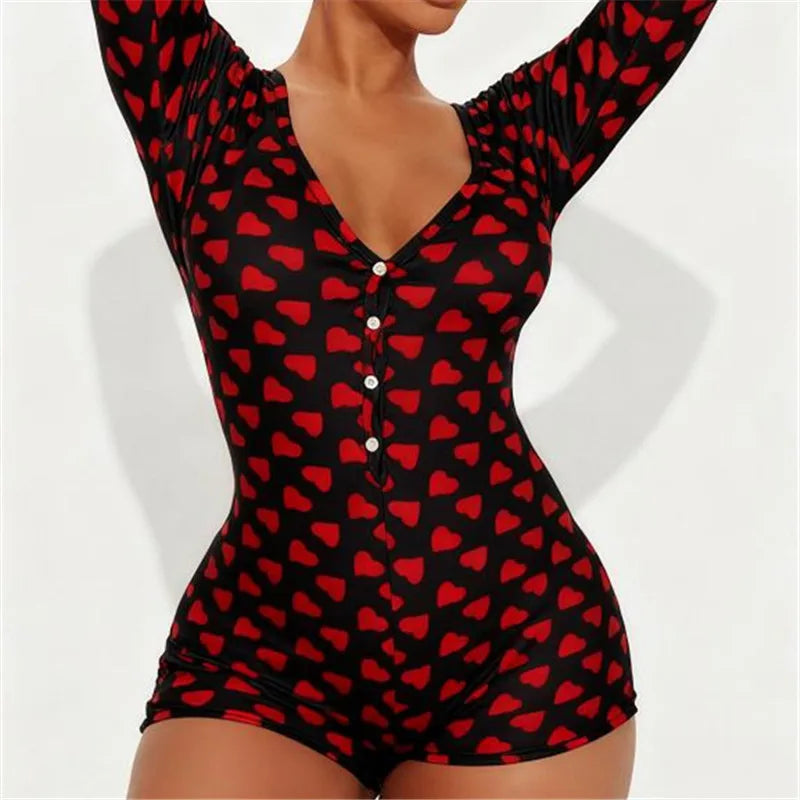 Women Sexy Bodycon Deep V Neck Trapdoor Fashion Heart Printed Long Sleeve Butt Flap Romper Valentines Pajama Playsuit
