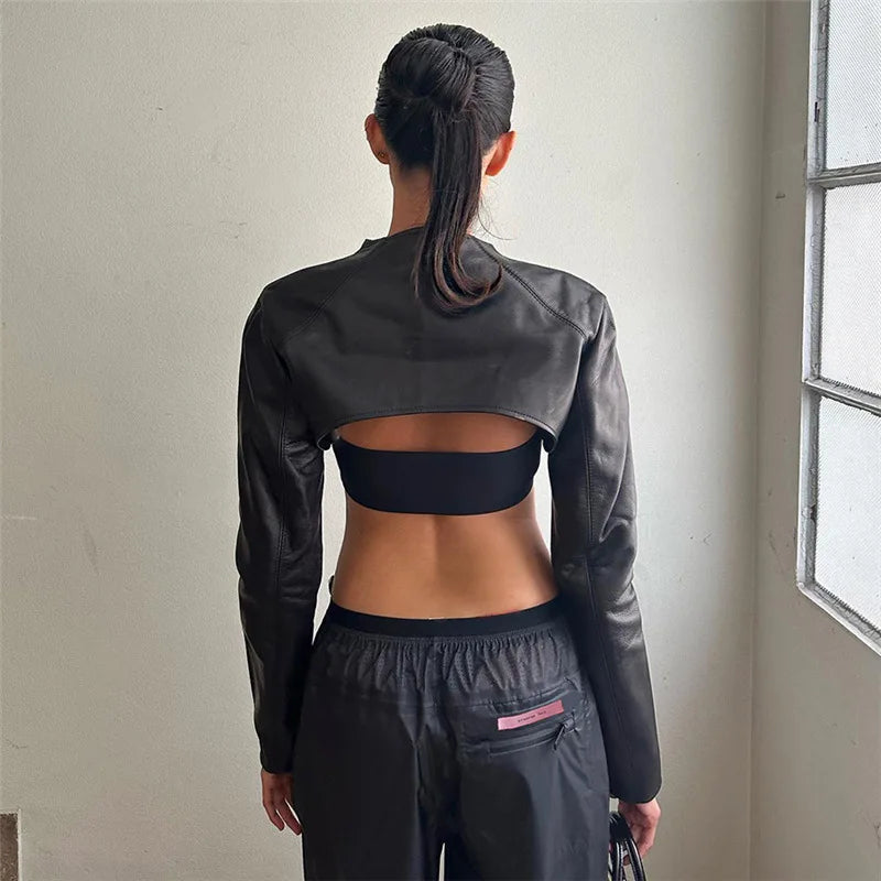 Crop PU Leather Jacket Women with Tube Top Two Piece Set Streetwear Fashion Black Coats Winter Clothes