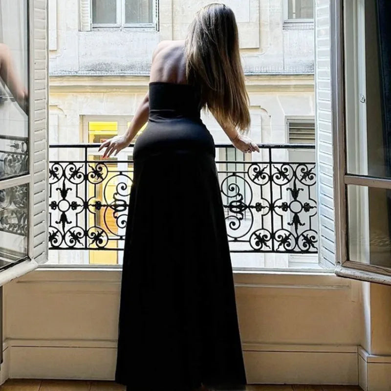 Strapless Backless A Line Maxi Long Dresses Patchwork Black Dinner Dress Women Elegant Evening Gown