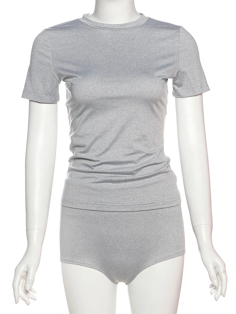 Sporty 2-Piece Set Women Tracksuit Stretch Short Sleeve Crop Tops+Shorts Summer Classic Simple Basic Matching Suit