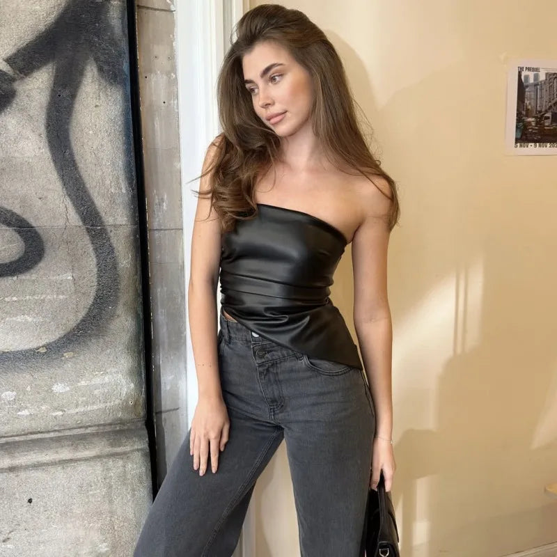 PU Leather Tube Top Sexy Women Summer Tanks 2025 Fashion Asymmetrical Strapless Backless Crop Tops