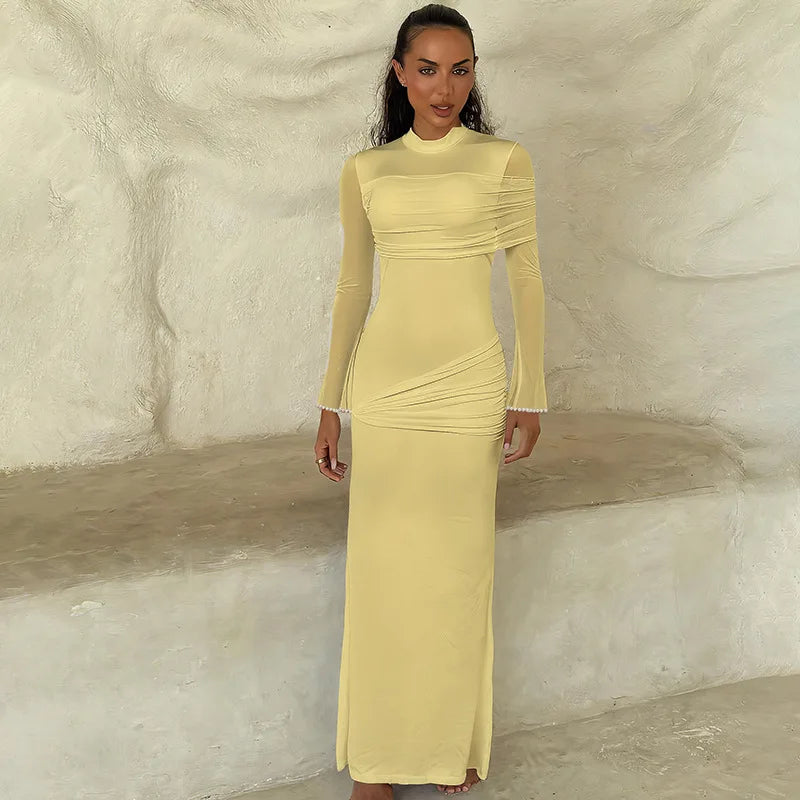Mesh Patchwork Long Sleeve Maxi Dress White Elegant Dresses for Woman for Party Evening Gown Fall Winter 2025