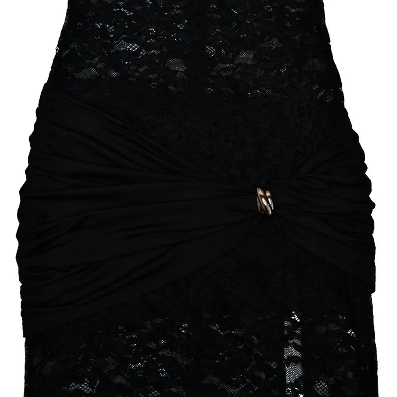See Through Lace Sexy Black Dresses Women Hollow Out Sleeveless High Split Long Dress Party Club Outfits