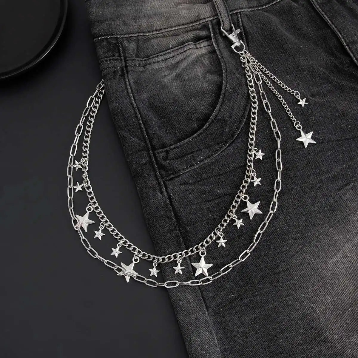 Trendy Hip Hop Double Layer Jeans Pants Chain Men Women Creative Star Pendant Bag Waist Chain Steampunk Jewelry Gift