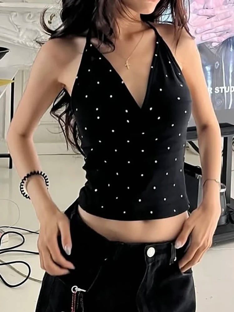 Polka Dot Print Tank Tops Women V-Neck Halter Lace-Up Backless Sleeveless Skinny Sexy Daily Street Summer Basic Vest