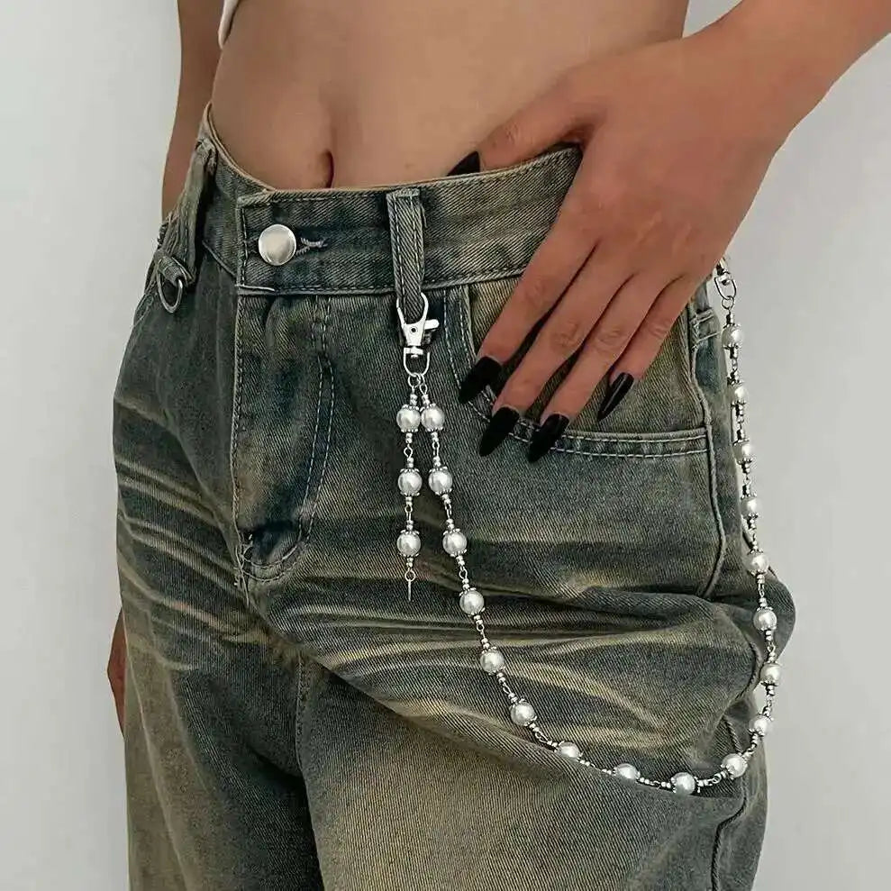 Creative Unique Imitation Pearl Jeans Pants Chain for Women Retro Hip Hop Bag Wallet Keychain Men Jewelry Accessories