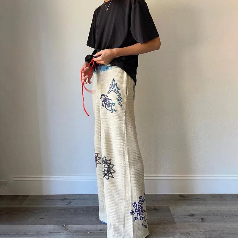 Fashion Graffiti Print Sweatpants Drawstring High Waist Wide Leg Pants Streetwear Womens Clothing P71-CE32