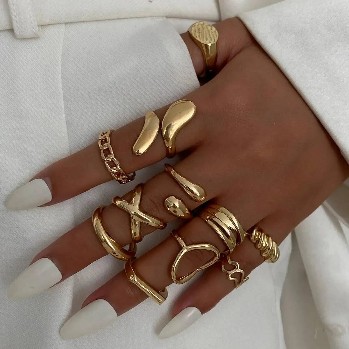 11Pcs/Set Classic Glossy Water Drop Open Rings for Women New Trend Vintage Irregular Finger Rings Daily Jewelry Gift