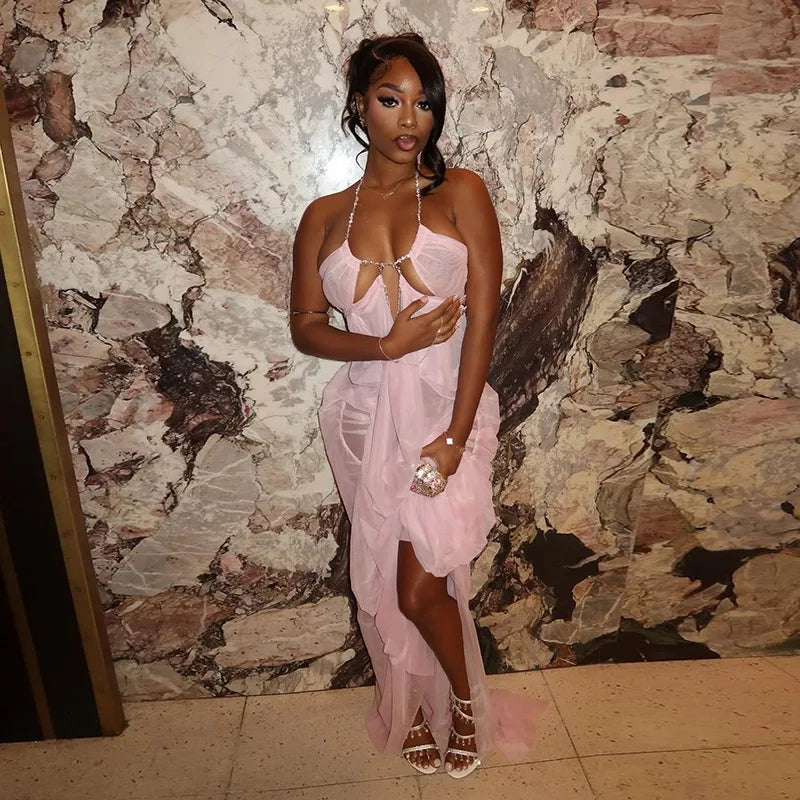 See Through Mesh Halterneck Ruched Maxi Dress Summer 2026 Woman Clothes Sexy Beach Dresses Vacation Outfits