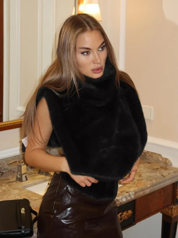 Turtleneck Furry Warm Vest Sleeveless Jacket Coat Faux Fur Top Women Trendy Winter Clothes