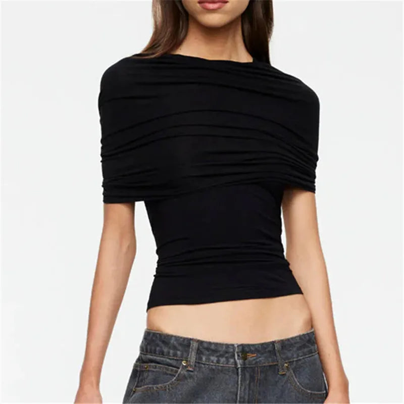 Women's Slim Fit Crop Tops Solid Color Stylish Ruched Front Overlay Ruched T-Shirt for Night Party Summer Streetwear