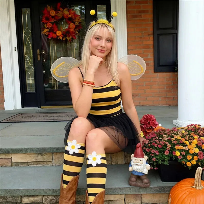 Women Ladybug Costume Set Spaghetti Strap Mini Dress Lace Apron Cute Animal Themed Role Play Outfit Halloween Cosplay