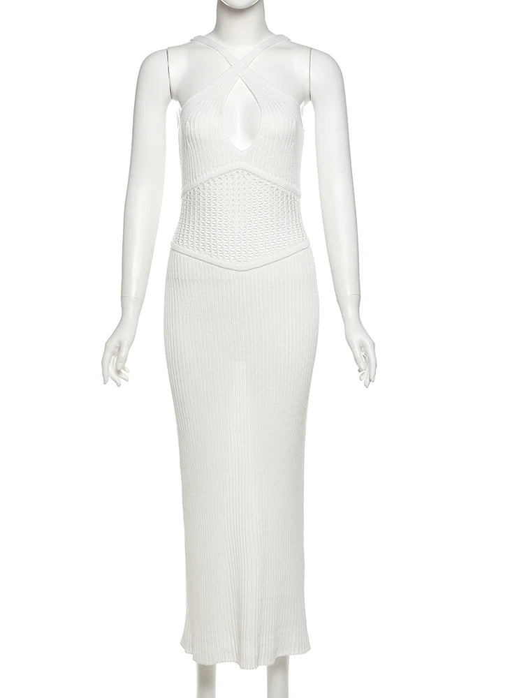 Solid Elegant Dress Women Low-Neck Cross Shoulder Strap Backless Robe Midnight Banquet Party Hipster Long Bodycon